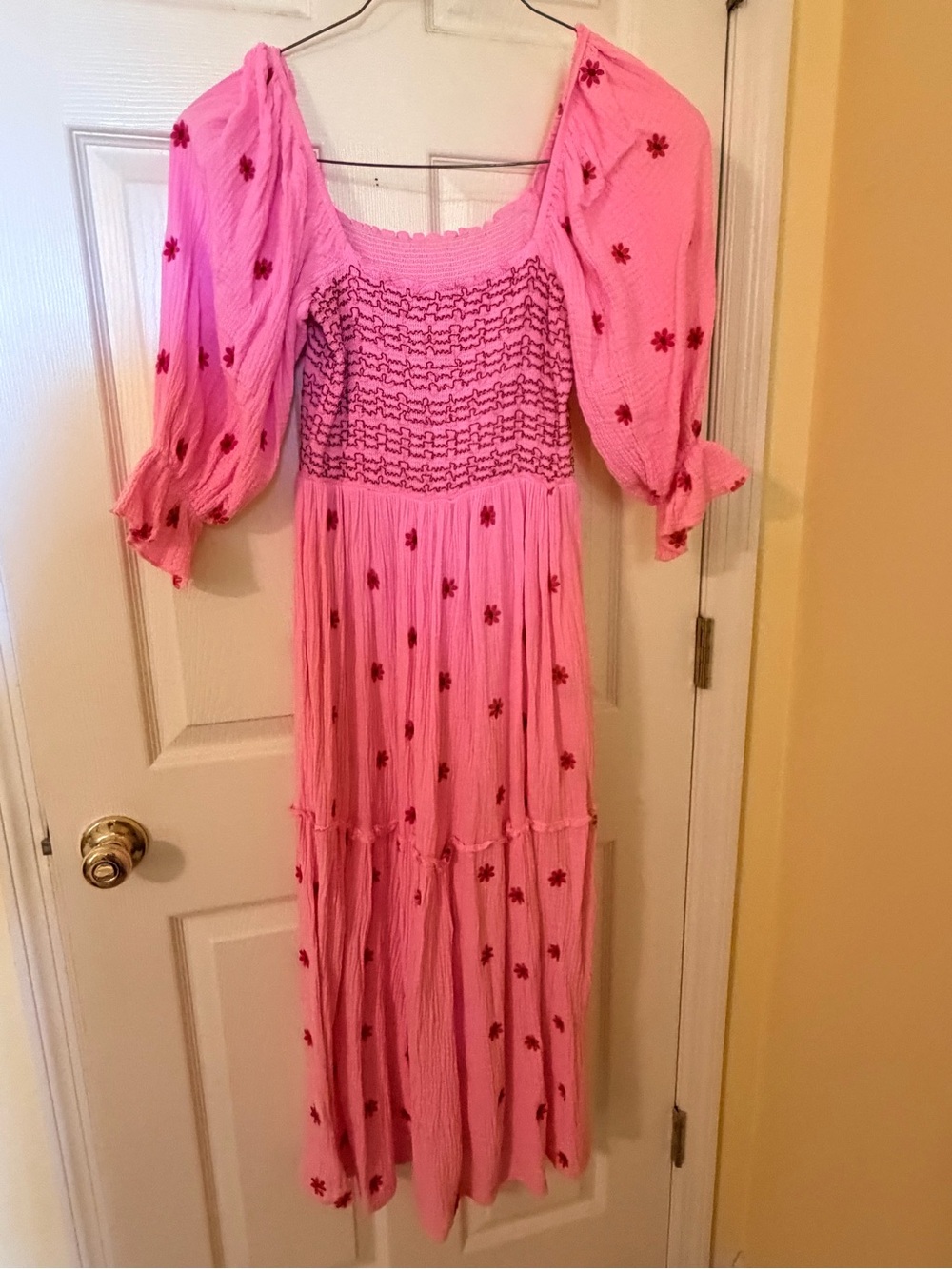 SHEIN Pink Maxi Dress with Red Floral Embroidery